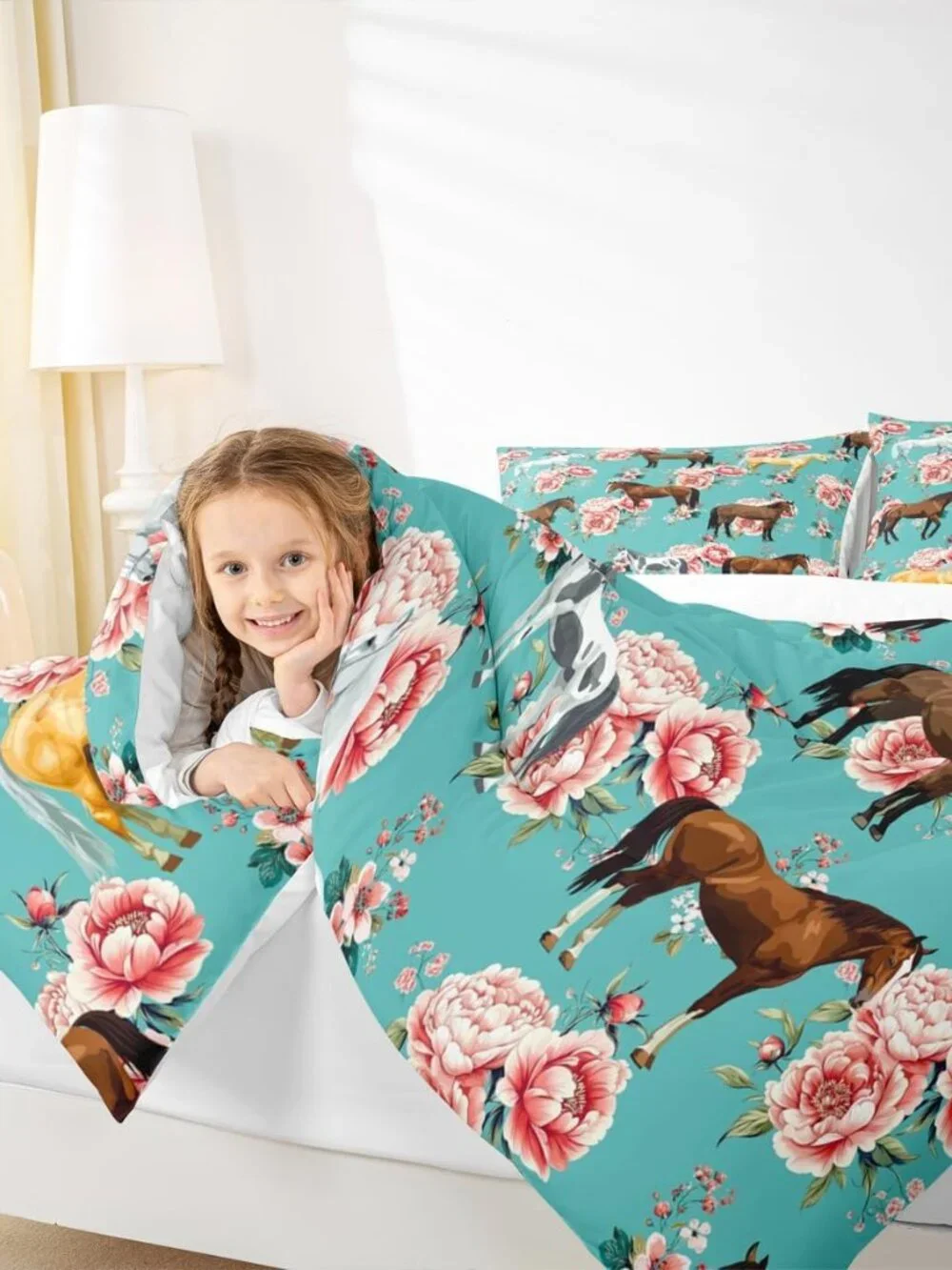 Girls Horse Comforter Set - Full Size Pink Flower Bedding Set for Kids - Gallopi
